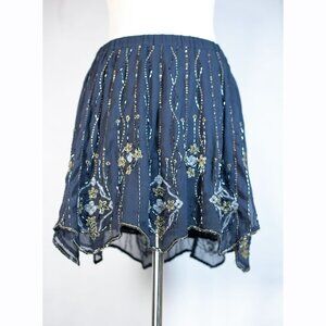 Free People Embellished Beaded Mini Skirt Navy Blue Chiffon Size S